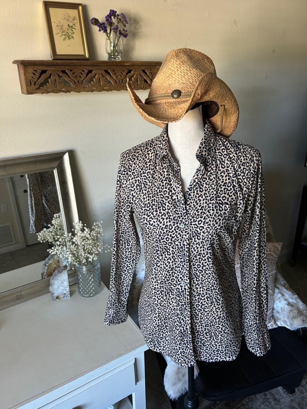 J.Crew tan, black animal, print, button-down cotton shirt XS oversized